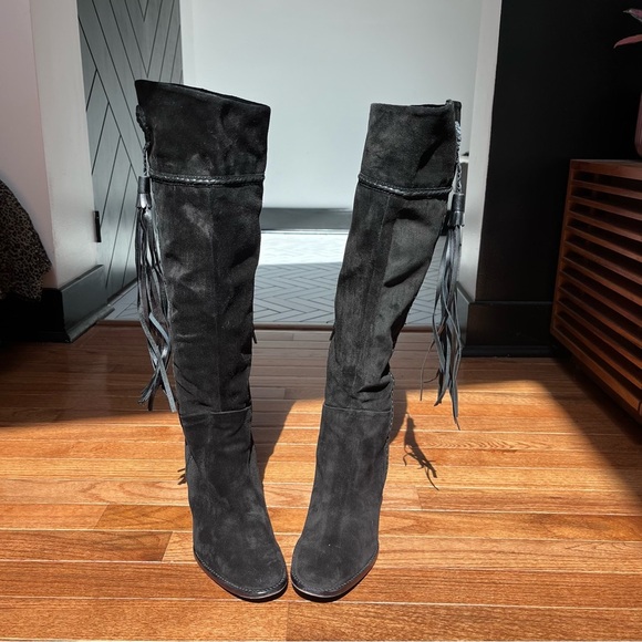 Vintage Nine West Black Suede Knee-High Boots with Fringe festival size 8 - Picture 11 of 12